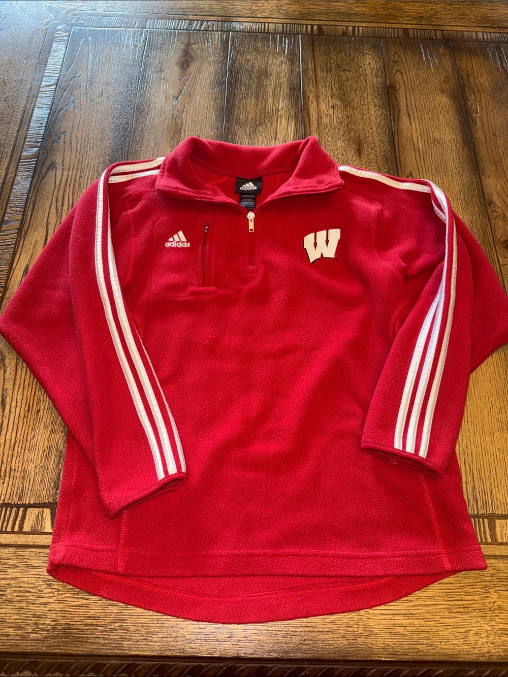 adidas Wisconsin Badgers Red Kids 1/4 Zip Fleece Pullover with White Stripes
